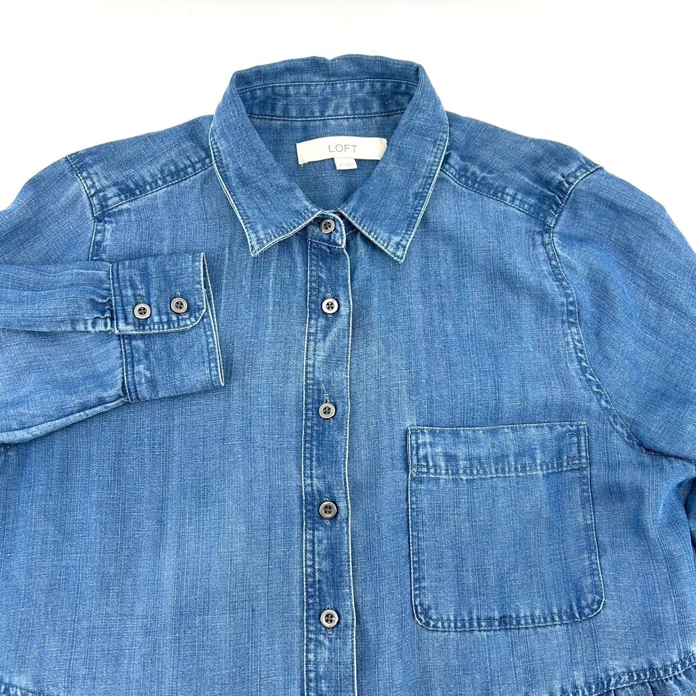 LOFT Blue Chambray Denim Linen Blend Tiered Button Front Shirt Dress Medium